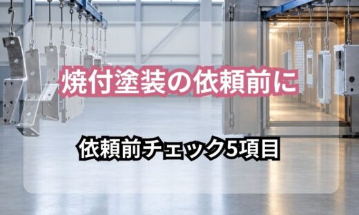 焼付塗装の依頼前に固める5項目の見出し画像。焼付炉へ吊り下げ搬送される金属部品を背景に「焼付塗装の依頼前に／依頼前チェック5項目」の文字を重ねたもの