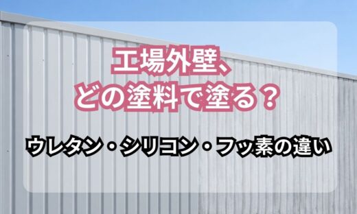 工場外壁、どの塗料で塗る？ ウレタン・シリコン・フッ素の違い。鋼板の工場外壁を背景にした見出し画像