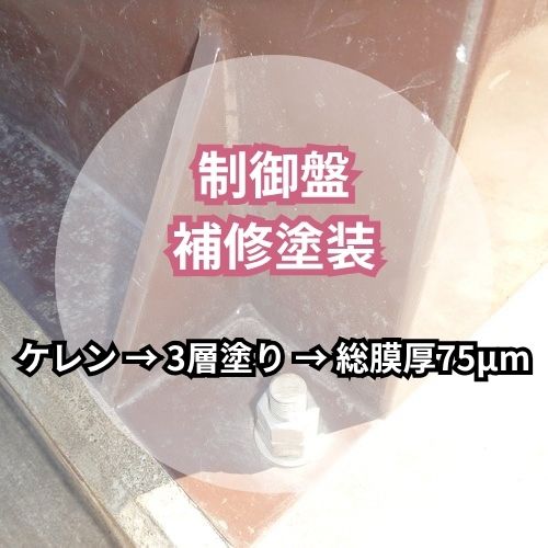 制御盤の補修塗装の事例。屋外に据え付けられた盤の脚部とアンカーボルトまわりを背景に、ケレン→3層塗り→総膜厚75μmという工程を重ねた見出し画像