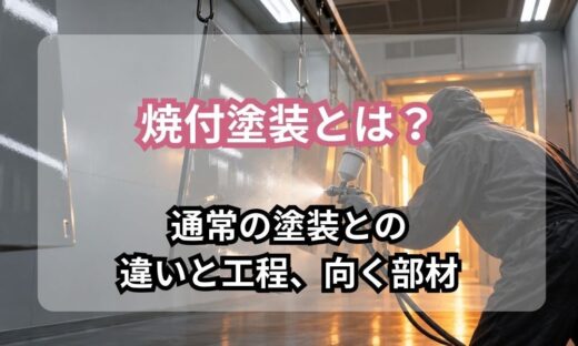 焼付塗装とは｜塗装ブースで吊り下げた金属パネルに塗料を吹き付けている様子