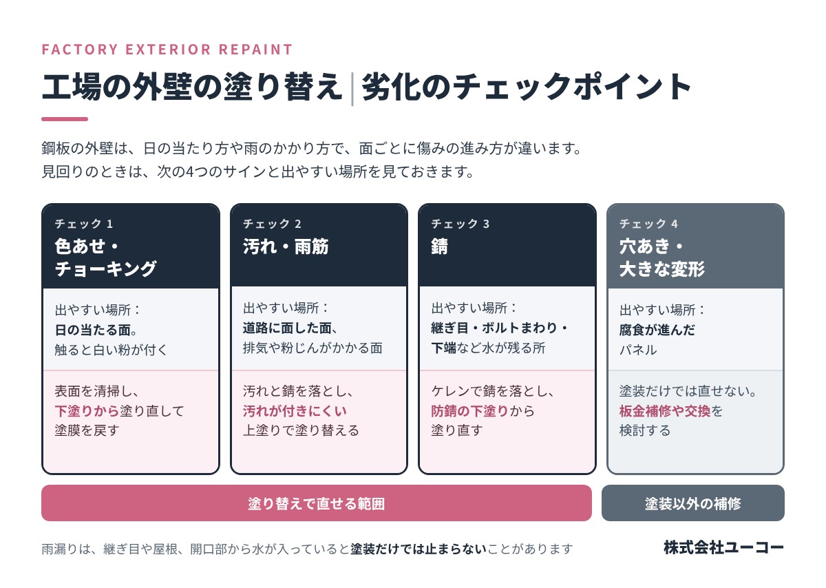 工場の外壁の塗り替えで見る劣化のチェックポイント｜色あせ・チョーキング、汚れ・雨筋、錆、穴あき・変形の4つと、それぞれの対応の目安を示した図