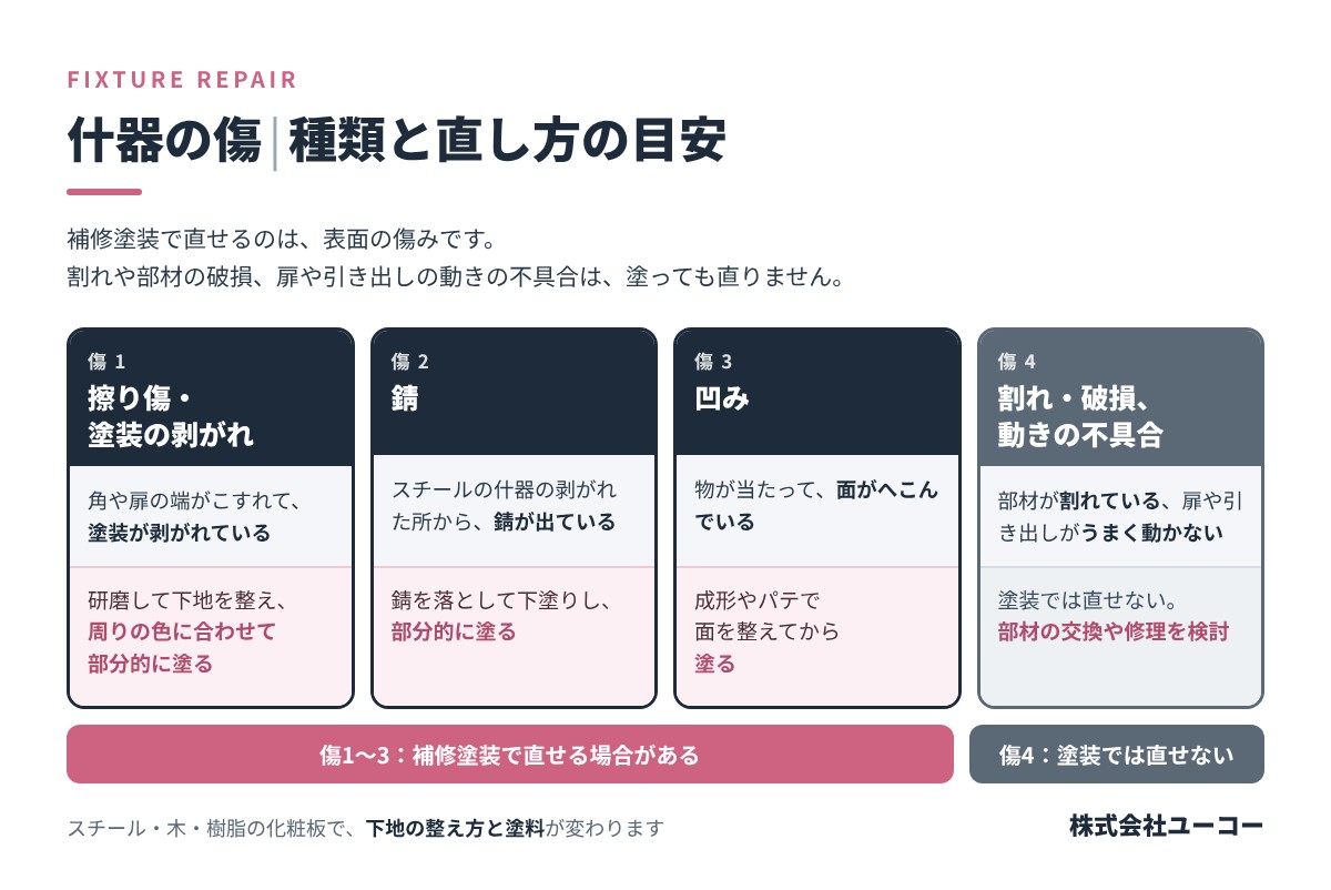 什器の補修塗装で直せる傷の目安|擦り傷・塗装の剥がれは部分塗装、錆は錆を落として下塗りから、凹みは成形やパテで整えてから塗装、割れ・破損や扉・引き出しの動きの不具合は塗装では直せず交換や修理を検討、の4種類を示した図