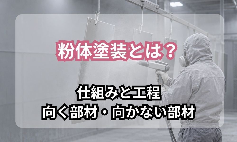粉体塗装とは｜塗装ブースで吊り下げた金属パネルに粉の塗料を吹き付けている様子